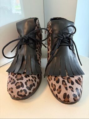 French Connection Leopard Print Leather Fringe Lace-Up Ankle Boots